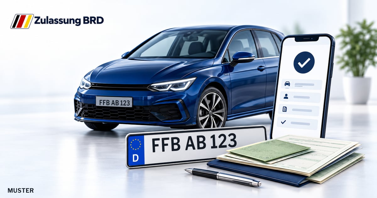 Online Fahrzeugzulassung in Maisach: Musterkennzeichen FFB AB 123, Auto und Fahrzeugpapiere und Smartphone. Illustration mit Logo von Zulassung BRD.